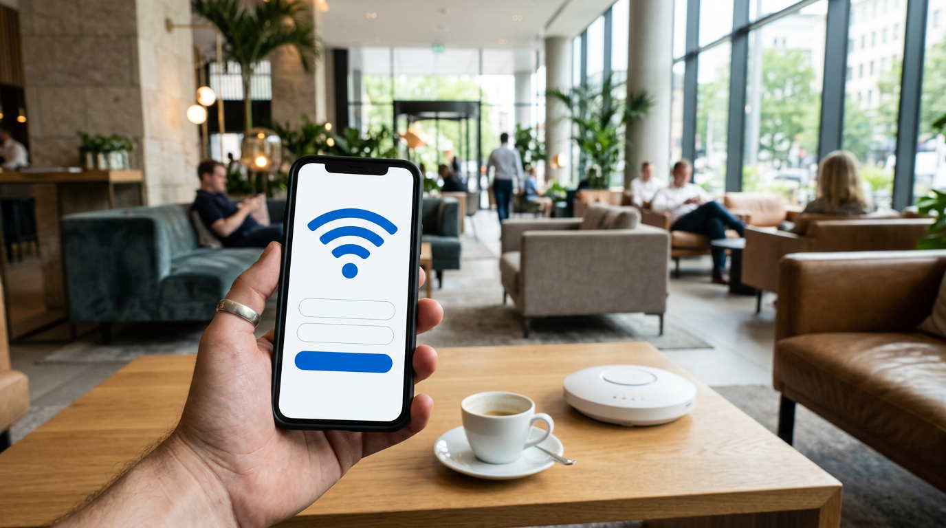 Otel lobisinde telefondan markalı Wi-Fi giriş sayfasına bağlanan misafir