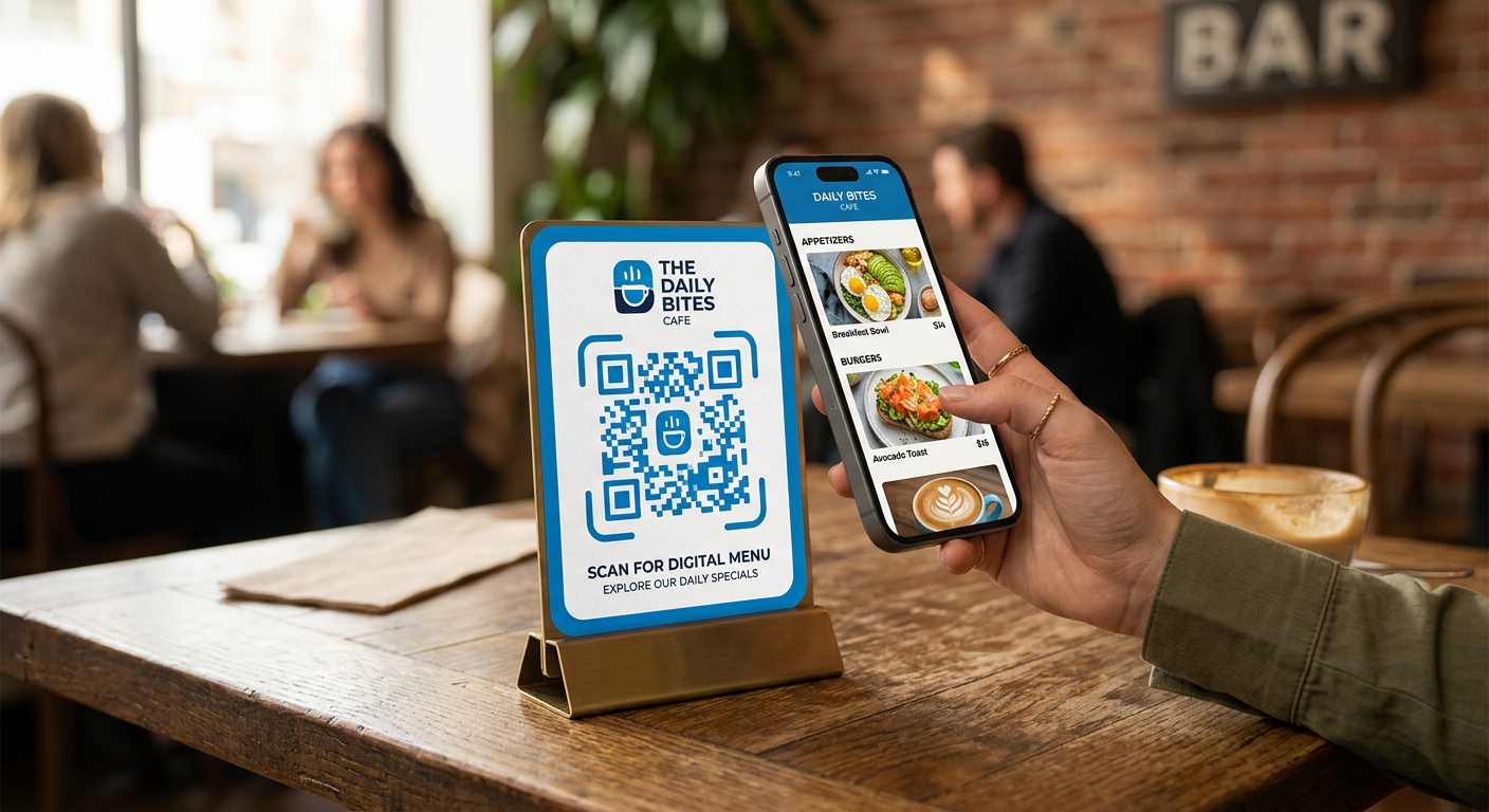 Kafe masasındaki tasarımlı QR kodu telefonla okutup dijital menüyü açan müşteri